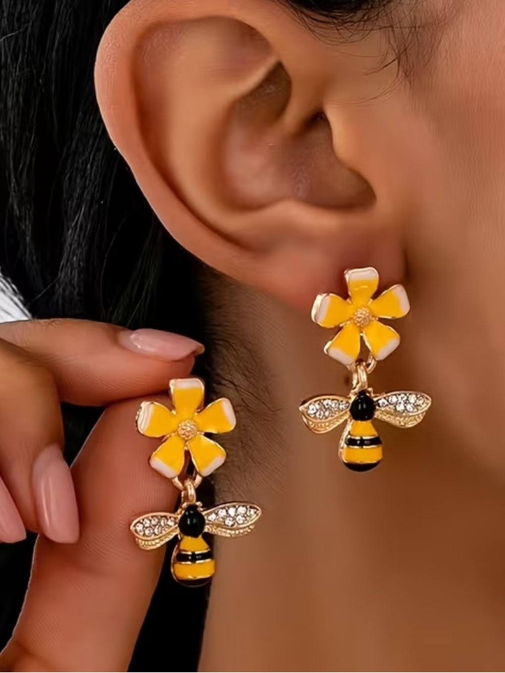 Yellow Flower & Bee Drop Earrings - Women's Jewelry
